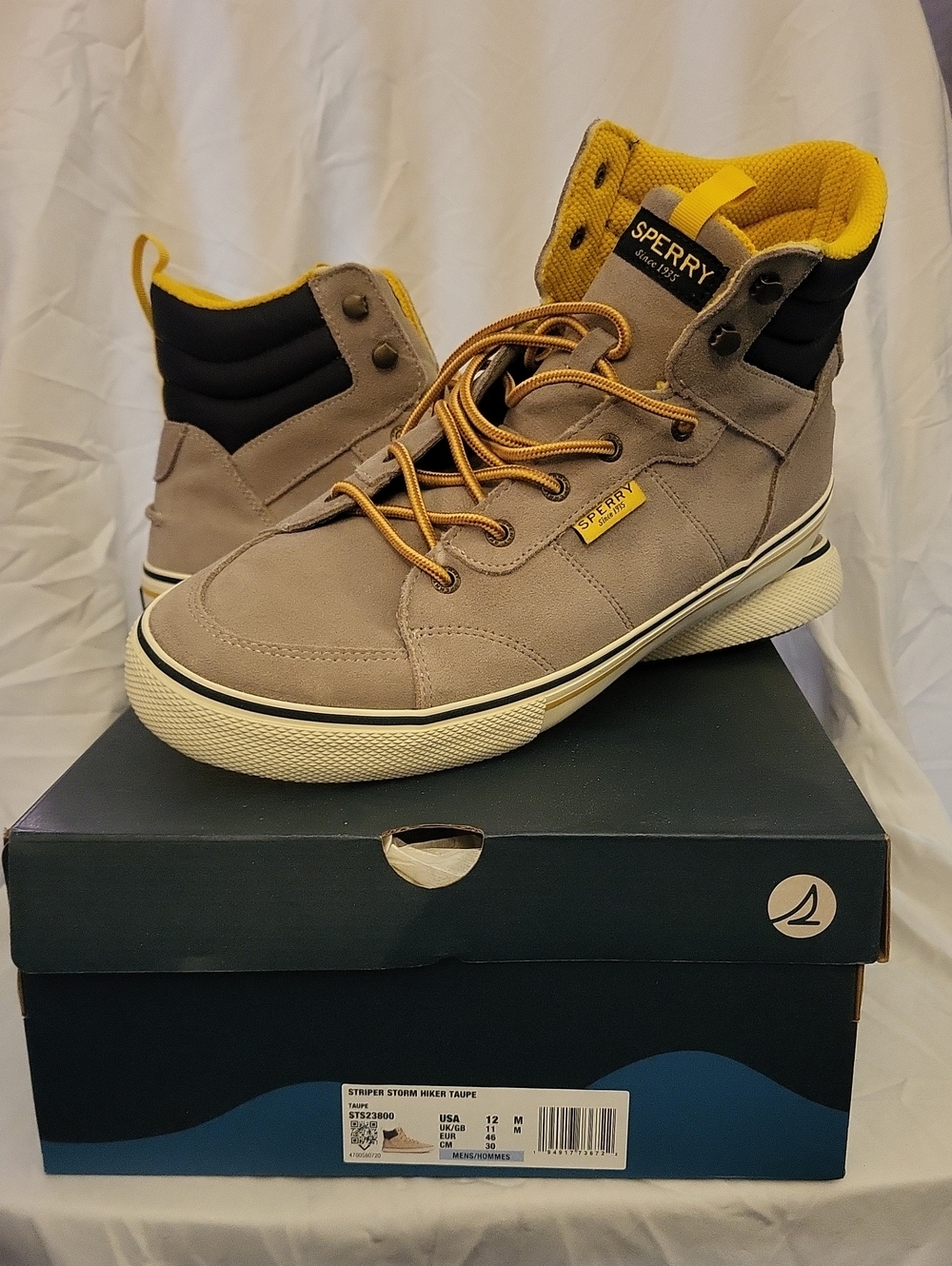 Sperry-Striper Storm Hiker- Taupe High-Top Boots with Yellow Lining
